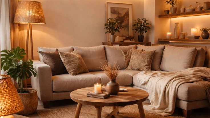 اتاق نشیمن با دیوار چوبی و نور گرم